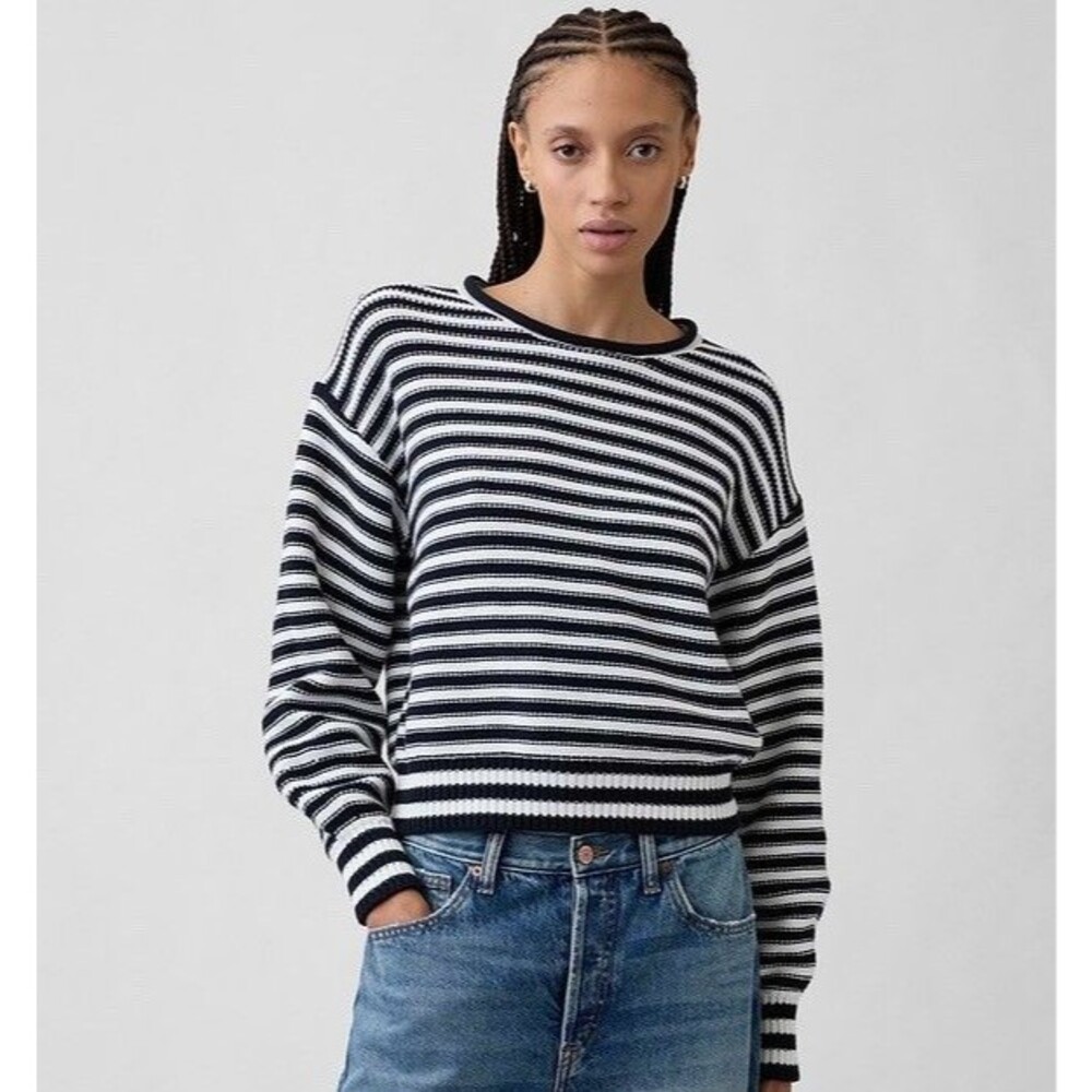 Gap Roll Neck Striped Sweater Womens Sz XS Navy White Relaxed 100% Cotton Knit